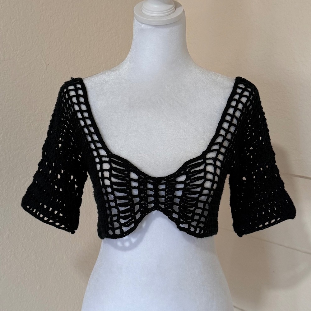 PrettyLittleThing Crochet Crop Top Womens S Black Festival Boho Open Knit Boho